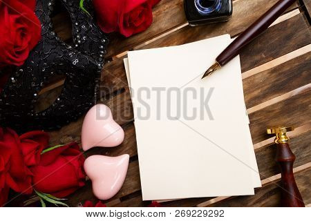 Valentines Day Date Invitation, Copy Space On Empty Vintage Textured Paper Card