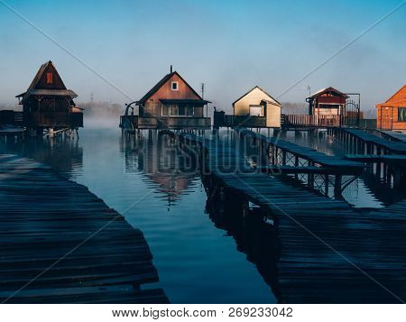Fishing cabins on the lake. Bokod, Hungary