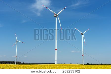 Blooming Oilseed Rape With Wind Energy Plants Seen In Rural Germany