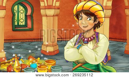 Cartoon Scene With Medieval Arabic Room With Treasures And Prince Or King - Far East Ornaments - The