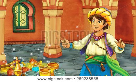 Cartoon Scene With Medieval Arabic Room With Treasures And Prince Or King - Far East Ornaments - The