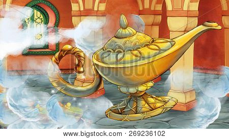 Cartoon Scene With Medieval Arabic Room With Treasures And Prince Or King - Far East Ornaments - The