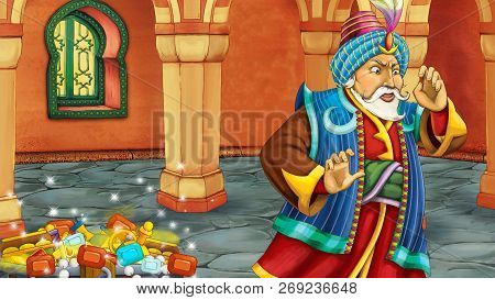 Cartoon Scene With Medieval Arabic Room With Treasures And Prince Or King - Far East Ornaments - The
