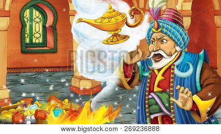 Cartoon Scene With Medieval Arabic Room With Treasures And Prince Or King - Far East Ornaments - The