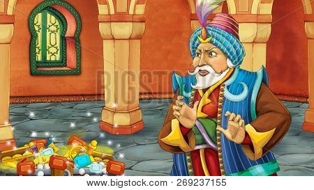 Cartoon Scene With Medieval Arabic Room With Treasures And Prince Or King - Far East Ornaments - The