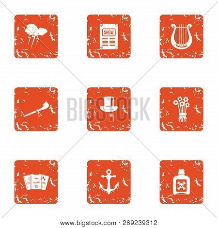 Outdated Show Icons Set. Grunge Set Of 9 Outdated Show Icons For Web Isolated On White Background