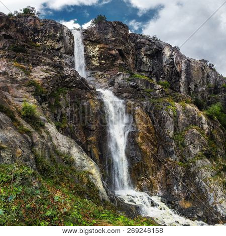 Mountain Waterfall From Ushba Glasier River Georgia Svaneti