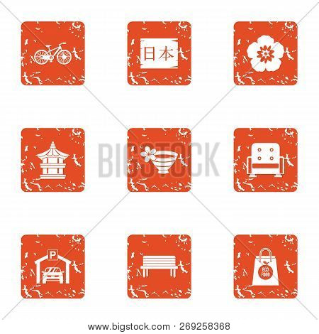 Asian Region Icons Set. Grunge Set Of 9 Asian Region Icons For Web Isolated On White Background