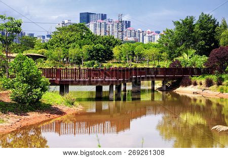 A Wooden Bridge Over Water Within The Futian Mangrove Ecological Park In Shenzhen China On A Sunny D