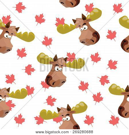 Seamless Pattern With The Image Of A Moose Head On A Background Of Maple Leaves