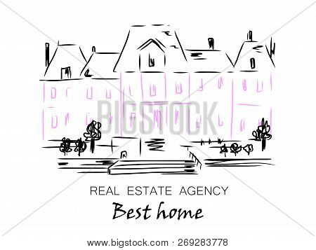 Sketch Of City House, Detached, Single Family Houses With Trees. Hand Drawn Cartoon Vector Illustrat