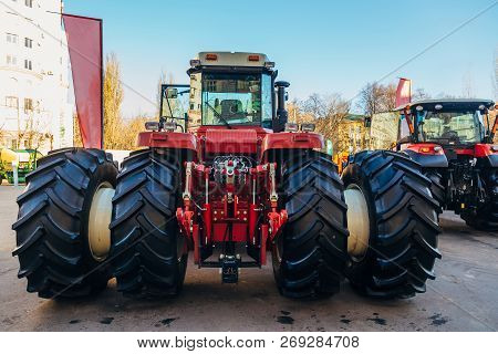 Rear View Of Modern Agricultural Tractor. Hydraulic Hitch. Lifting Frame. Rear Mechanism For Attachi