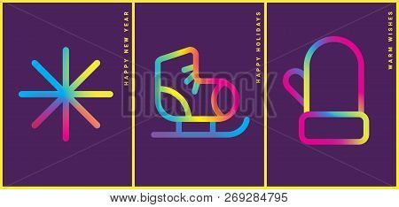 Winter Holidays Greeting Card With Colorful Gradient Pictograms. Happy New Year. Modern Design Templ
