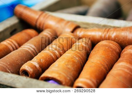 Varanasi India November 10, 2018 Closeup Of Chillums Sold In A Shop Located Near The Ghats Of Varana