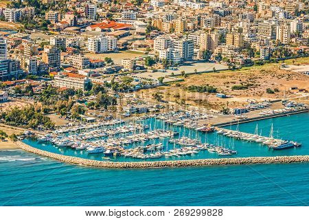 Sea Port City Of Larnaca, Cyprus. View From The Aircraft To The Coastline, Beaches, Seaport And The 