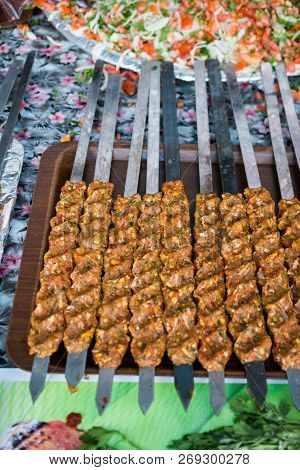 Turkish Adana/urfa Kebab Getting Ready To Be Grilled In Display
