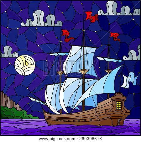 Illustration In Stained Glass Style With Sailboats With Hite Sails Against The Starry Sky, The Sea A