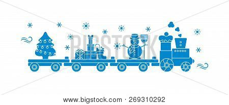 Funny Vector Illustration With Christmas Train Carries Christmas Tree, Snowman With Broom, Gifts. Ha