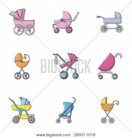 Baby Stroller Icons Set. Flat Set Of 9 Baby Stroller Vector Icons For Web Isolated On White Backgrou