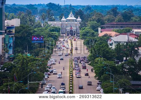 Vientiane / Laos - August 5, 2017 : Road Traffic In Front Of Presidential Palace View From The Top O