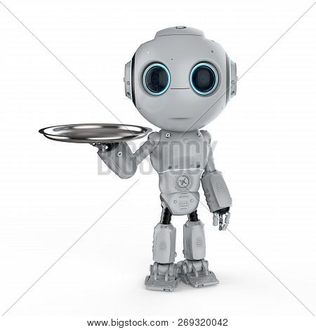3d Rendering Mini Robot Holding Serving Tray