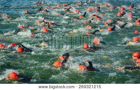 Grafham, Cambridgeshire, England - August 06, 2017:  Competitors In The Water Starting The Swimming 