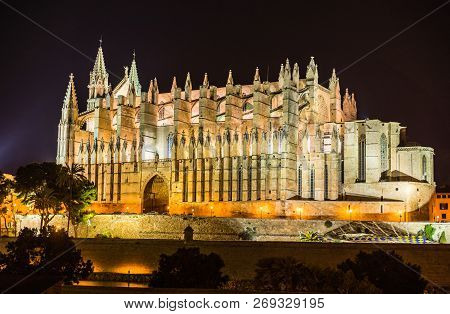 Illuminated Cathedral Of Palma De Majorca, Spain Balearic Islands