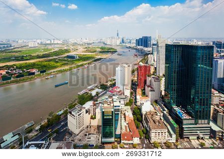 Ho Chi Minh City Aerial Panoramic View From Saigon Skydeck Observation Deck In Bitexco Financial Tow