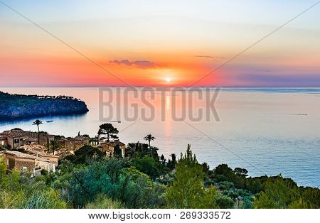 Beautiful Sunset Sky Over The Sea On Majorca Coast, Spain Balearic Islands