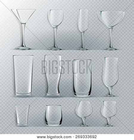 Transparent Glass Set Vector. Transparent Empty Glasses Goblets For Water, Alcohol, Juice, Cocktail 