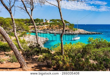 Island Scenery, Beautiful Coast Bay Of Cala Des Burgit On Majorca Island, Spain Mediterranean Sea