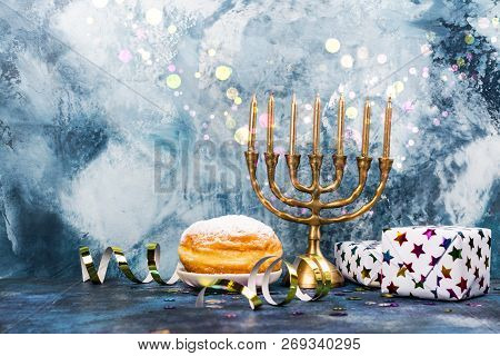 Jewish Holiday Hanukkah Background. Traditional Dishes - Sweet Doughnuts And Potato Latkes. Hanukkah