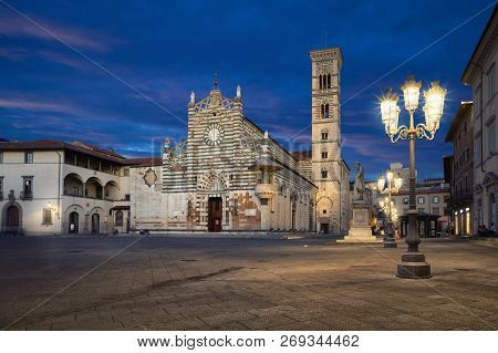 Prato, Italy. View Of Piazza Del Duomo Square With  Cathedral Of Santo Stefano At Dusk