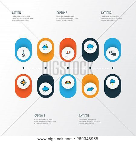 Weather Icons Colored Line Set With Wind Vane, Frosty, Cloudburst And Other Thunderstroke Elements. 