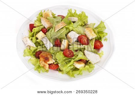 Plate Of Salad With Chicken Breast And Cruotons Isolated On White Background