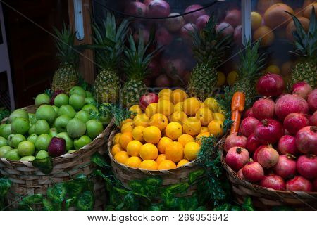 Oranges, Grapefruits, Apples And Fruits Cut On The Counter For Fresh Juice. Istanbul, Turkey