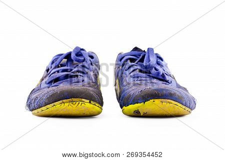 Old Vintage Damaged Futsal Sports Shoes On White Background Football Sportware Object Isolated
