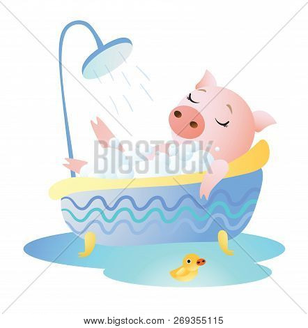 Piggy Taking A Bath With Foam And Rubber Duck
