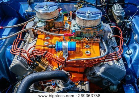 Engine compartment of a muscle American car