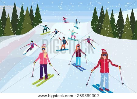 Skiers Sliding Down Snowy Mountain Hill Fir Tree Landscape Background People Skiing Winter Vacation 