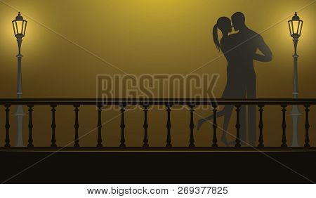 Night, Bridge, Street Lamp, Couple In Love - Illustration, Vector