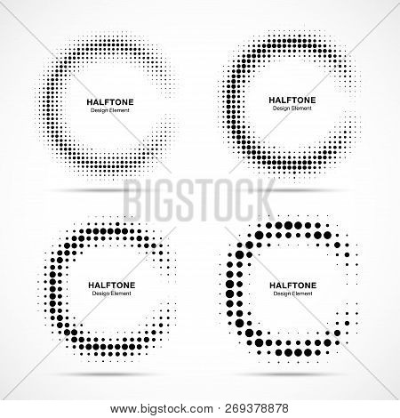 Halftone Incomplete Circle Frame Dots Logo Set Isolated On White Background. Circular Part Design El