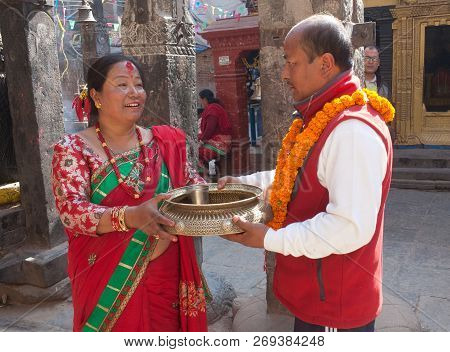 Bhaktapur, Nepal - January 23, 2017: Wedding Ceremony Of Newari People In A Temple