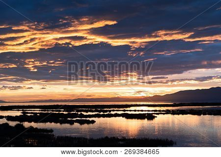 Sunset Golden Hour In Delta Del Ebro Natural Park, Tarragona, Catalunya, Spain