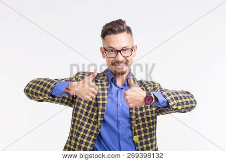 Expression And Gesture Concept - Handsome Man Showing With Thumb Up Over White Background