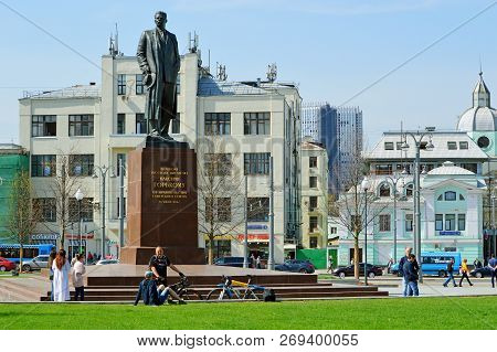 MOSCOW, RUSSIA - MAY, 2018: Monument to writer Maxim Gorky on Tverskaya Zastava Square