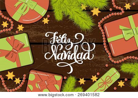 Flatlay Mockup With Fir, Bright Gift Boxes With Bow, Beads And Stars On Rustic Background With Lette