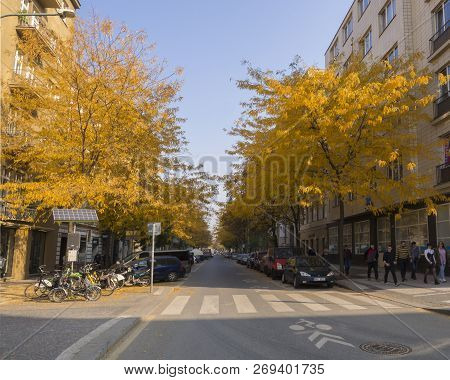 Czech Republic, Prague, Karlin, October 18, 2018: Krizikova Street With Parked Cars And Bikes, Peopl