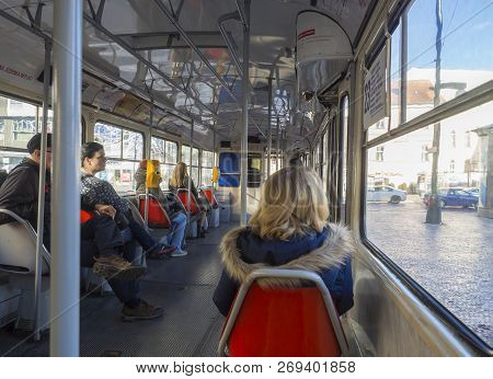 Czech Republic, Prague, Karlin, October 18, 2018: Interior Of Old Prague Tram. Everyday Peoples Life