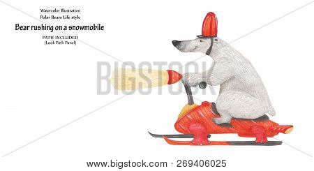 Bear Rushing On A Snowmobile, Closeup Illustration